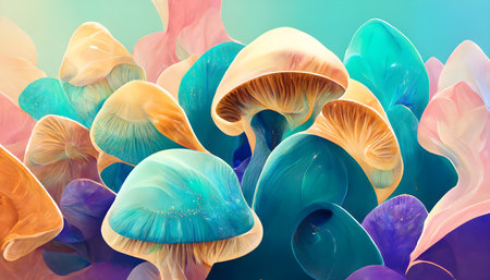 3d illustration, abstract background, multicolored mushrooms, macro photographyの写真素材