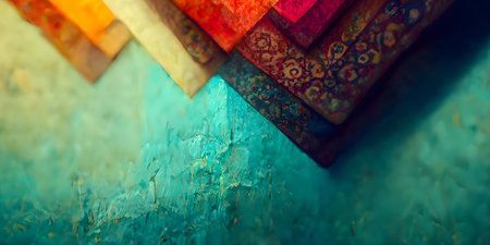 Colorful old books on turquoise wall background. Selective focus.の写真素材