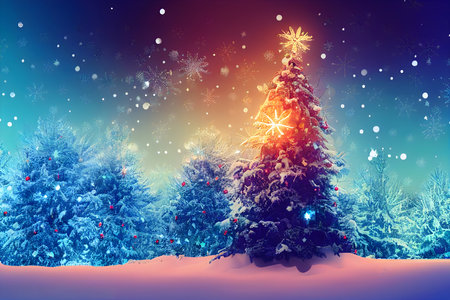Christmas and New Year background with fir trees and snowflakes.の写真素材