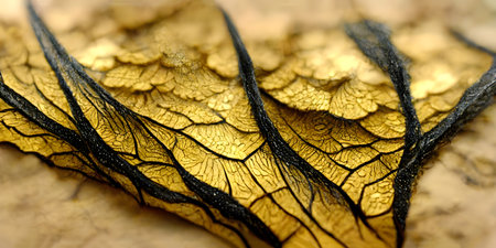 Macro shot of a golden leaf with black and yellow veins.