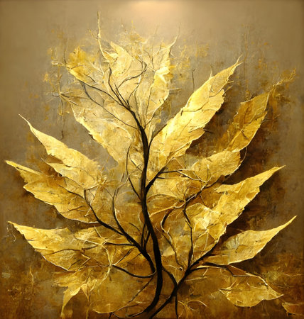 abstract golden tree with leaves on grunge background, digital illustrationの写真素材