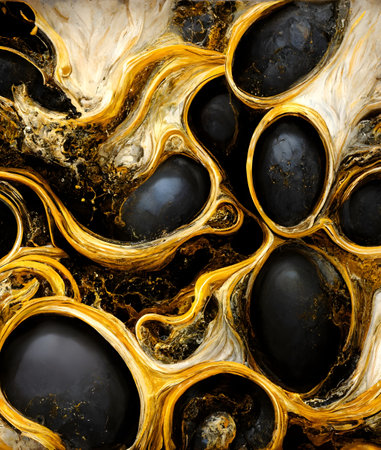 Macro shot of black and gold stones in a shape of heartの写真素材