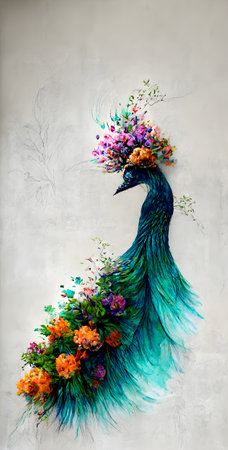 Beautiful landscape with horses, mountains and birds. Digital painting.の写真素材