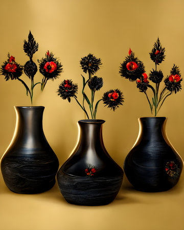 Three black vases with red flowers on a yellow background. Still lifeの写真素材