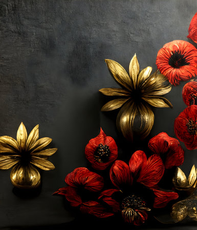 Black background with red poppies and golden flowers. Copy space.の写真素材