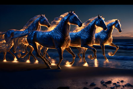 Horses running on the beach at sunset. 3D rendering.の写真素材
