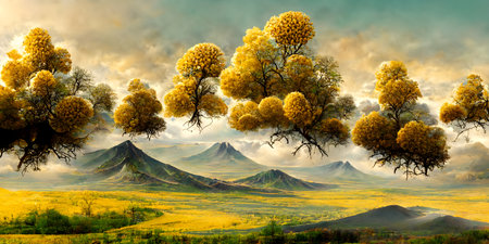Beautiful autumn landscape with trees and mountains. 3d render.の写真素材