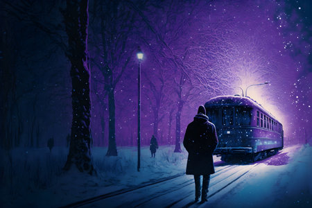 Young woman in winter street at night with tram and snowfall conceptの写真素材