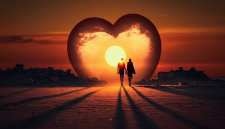 Silhouette of a man and a woman on the background of the heartの素材