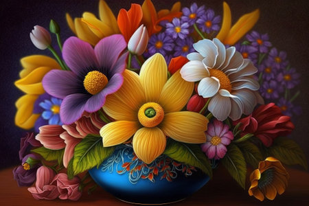 Colorful bouquet of flowers in vase on wooden table.の素材