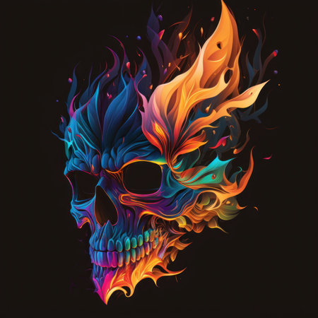 Skull with colorful fire flames on black background. Vector illustration.の素材