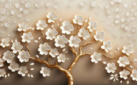 3D paper art of cherry blossom tree with white flowers.の素材