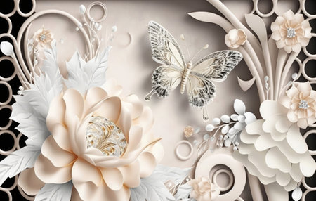 3d illustration of white flower and butterfly on beige background.の素材