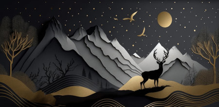 Mountain landscape with deer and moon. Paper cut style. Vector illustration.の素材