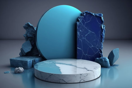 3d render of blue marble podium with marble texture, abstract backgroundの素材