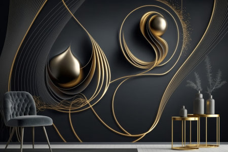 3d render, abstract background, modern interior design, luxury black and goldの素材