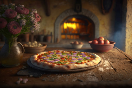 Pizza on a rustic wooden table in front of a fireplaceの素材