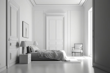 3d rendering of a white bedroom with a bed in the cornerの素材