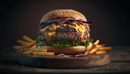 Cheese burger - American cheese burger with Golden French fries on wooden boardの素材