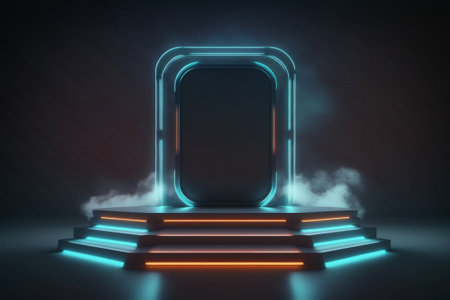 Futuristic portal with neon lights and stairs. 3D renderingの素材