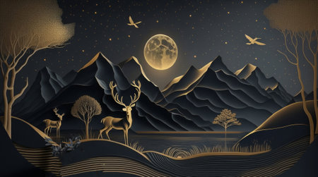 Night landscape with deer, moon, mountains and forest. Vector illustration.の素材