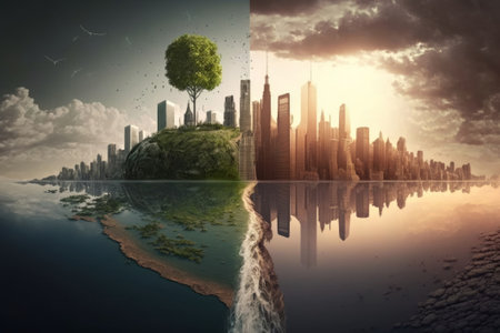 Green tree and modern city on the background of the planet earth.の素材