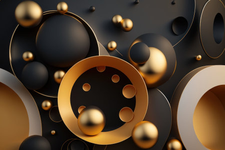 Abstract 3d rendering of black and golden background with circles and ballsの素材