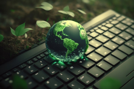 Ecology concept with green globe and keyboard. 3D Renderingの素材