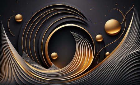 Abstract black and gold background with golden elements. 3d illustration.の素材