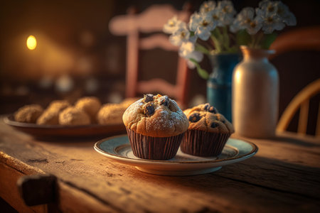 Muffins with raisins on a wooden table. Selective focus. Toned.の素材