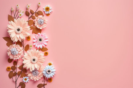 Flowers composition. Colorful flowers on pink background. Flat lay, top view, copy spaceの素材