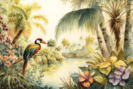 Watercolor painting of tropical flowers, palm trees and toucan birdの素材