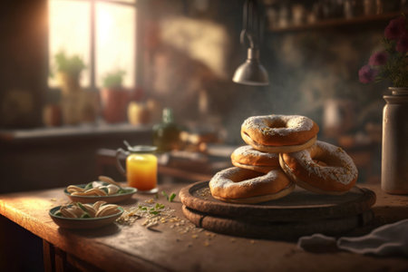 Freshly baked bagels on wooden table in kitchen. Food backgroundの素材