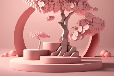3d render, abstract minimal scene with pink podiums and flowersの素材