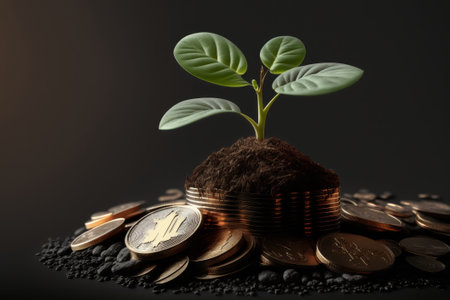 Investment concept, Coins with plant growing out of it on dark backgroundの素材