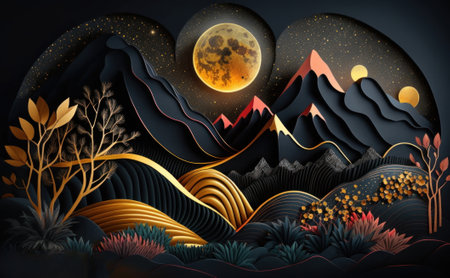 Paper art and craft style of landscape with mountains, forest and moon.の素材