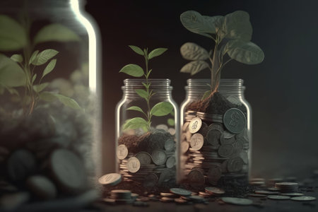 plant growing out of coins in glass jar with dark background, saving money conceptの素材