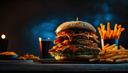Cheese burger - American cheese burger with Golden French fries on dark backgroundの素材