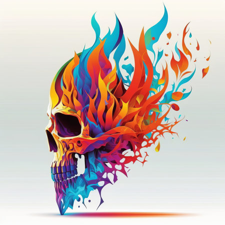 Skull with fire flames on a white background. Vector illustration.の素材