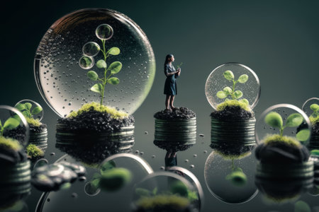 Miniature businesswoman standing on pile of coins with green sprout growing inside. Ecology conceptの素材