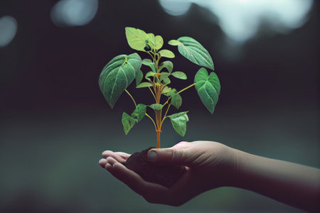 Plant in human hand with filter effect retro vintage style and soft focusの素材