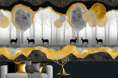 3d rendering of a forest landscape with a sofa and a deerの素材