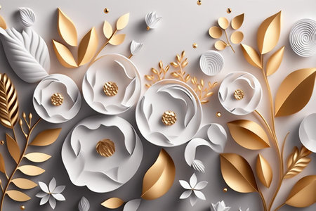 3d render, abstract floral background with gold leaves and white flowersの素材