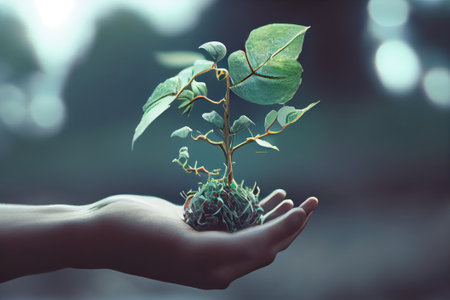 Green sprout in human hand, concept of ecology and environment protectionの素材
