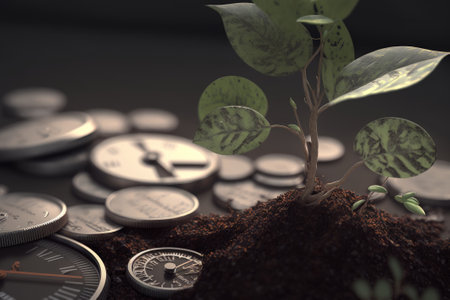 Time is money concept with coins and plant. 3D Renderingの素材