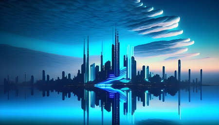 Futuristic city landscape with skyscrapers and reflection in waterの素材