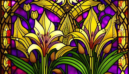 Illustration in stained glass style with abstract flowers and tulips on a purple backgroundの素材