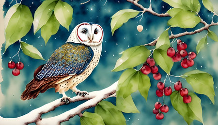 Watercolor illustration of an owl sitting on a tree branch with berriesの素材