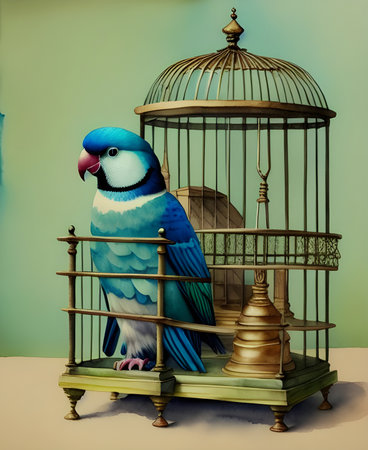 Blue parrot in a birdcage. 3d illustration.の素材