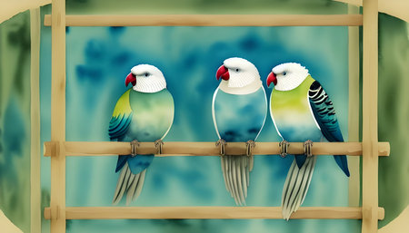 Parrots in a cage on a blue background. Vector illustration.の素材
